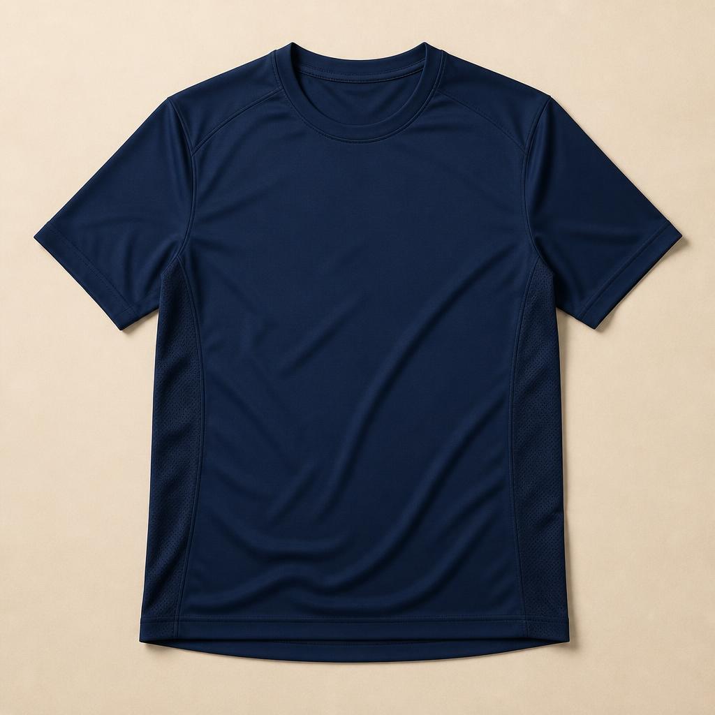 Good Kit Performance T-Shirt — Navy performance training t-shirt laid flat on a cream studio background