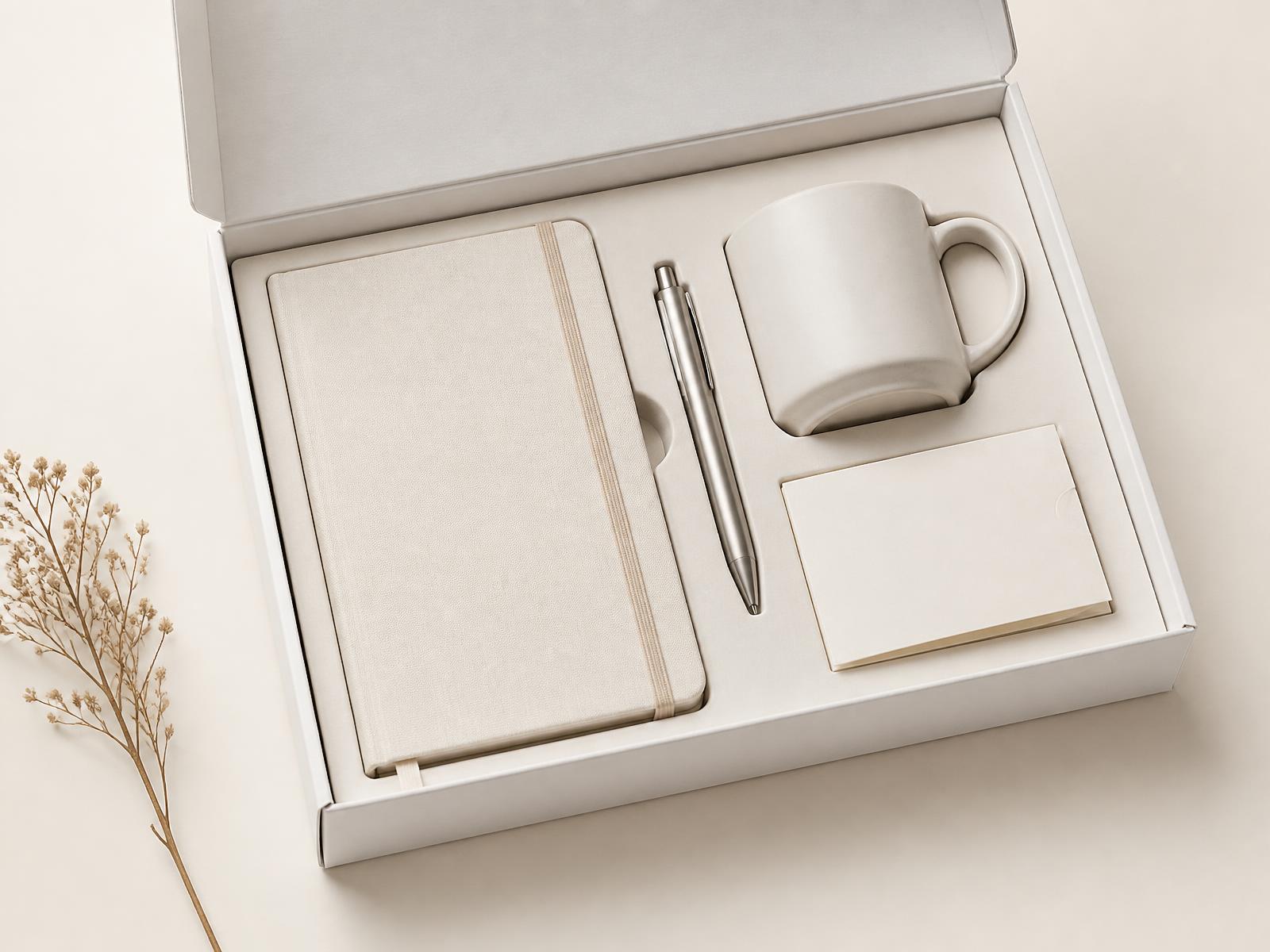 Open premium presentation gift box containing a cream A5 notebook, a metal pen, a ceramic mug and a folded card