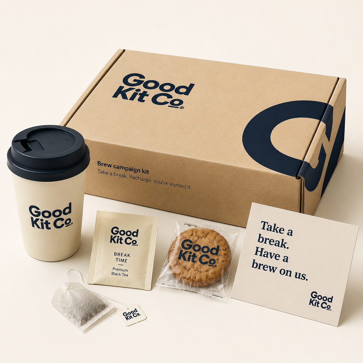 Good Kit Brew Box — Branded brew campaign kit with kraft mailing box, cup, tea, biscuit and message card