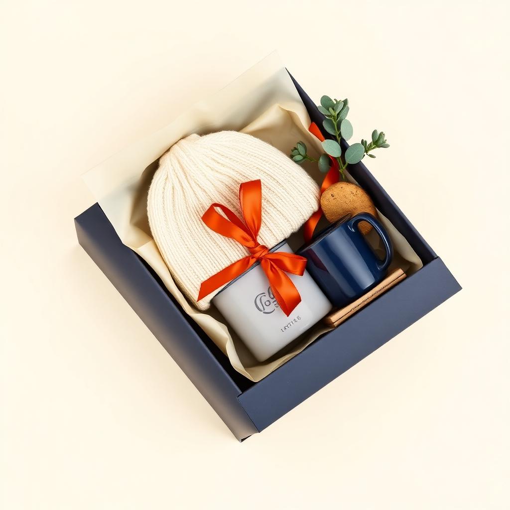 Good Kit Christmas Box — Navy Christmas gift box with a cream beanie, navy mug and burnt orange ribbon