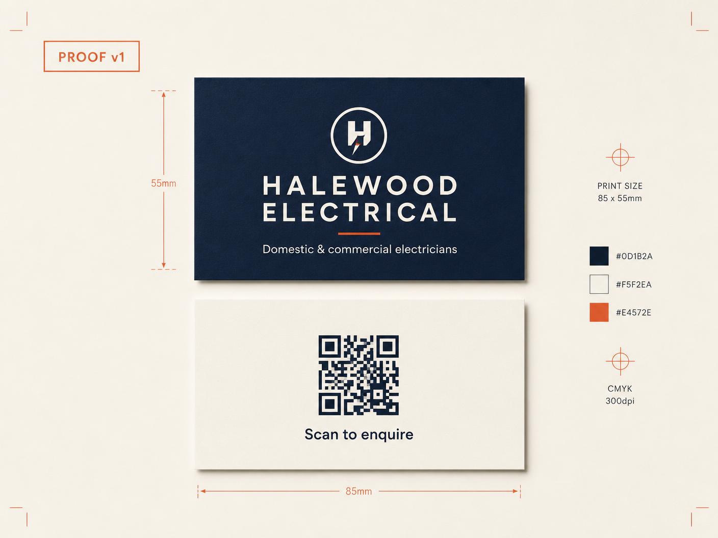 Artwork proof for branded trade business cards with a QR code, showing print size and brand colours