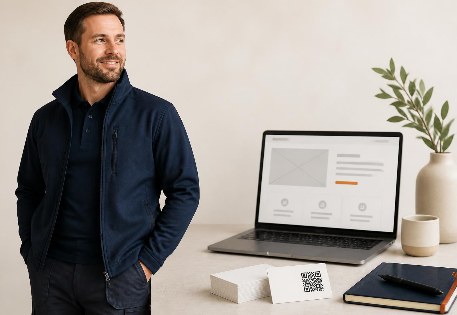 Trade business starter kit: branded workwear for trades, QR business cards and a simple one-page website